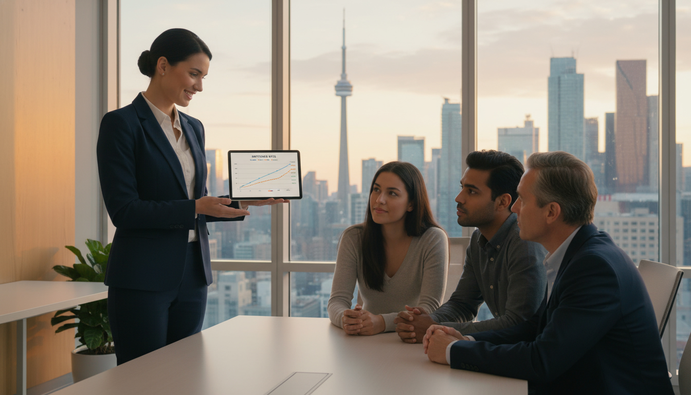 Mortgage advisor explaining fixed, variable and hybrid mortgage rates with charts and Toronto skyline.