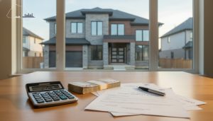 Ontario house with calculator, cash and mortgage documents showing down payment planning