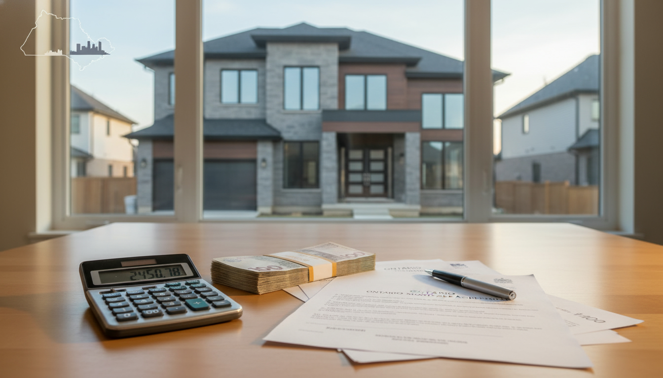 Ontario house with calculator, cash and mortgage documents showing down payment planning