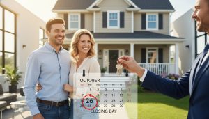 Realtor handing keys to clients with a calendar showing a circled closing date