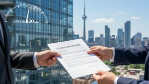 Realtor handing a status certificate to a buyer with a condo building and clock overlay in the background.