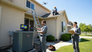 HVAC technician using thermal camera and roofer inspecting roof with drone while realtor reviews checklist during home inspection
