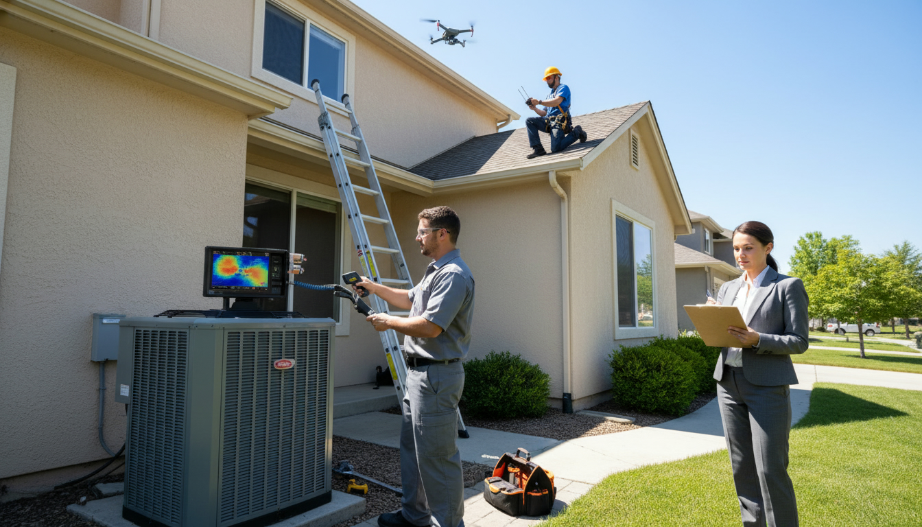 HVAC technician using thermal camera and roofer inspecting roof with drone while realtor reviews checklist during home inspection