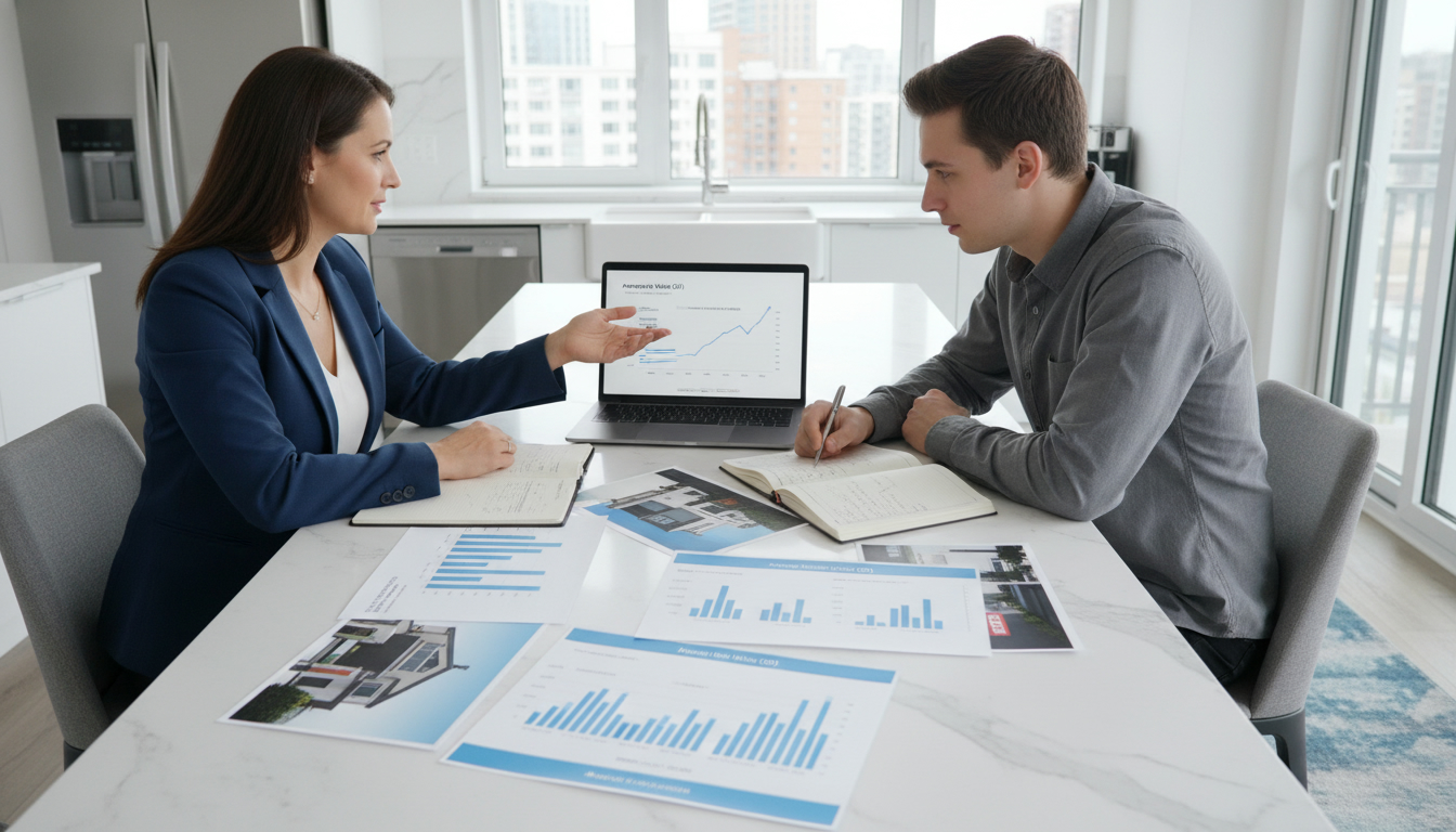 Real estate agent and investor reviewing market data and property photos at a kitchen table