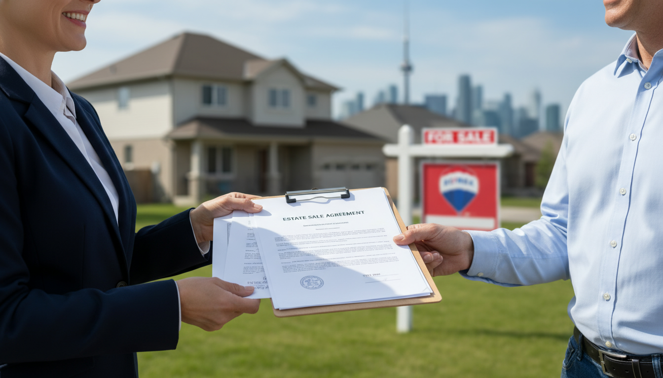 Realtor handing estate sale documents to client in front of house with For Sale sign