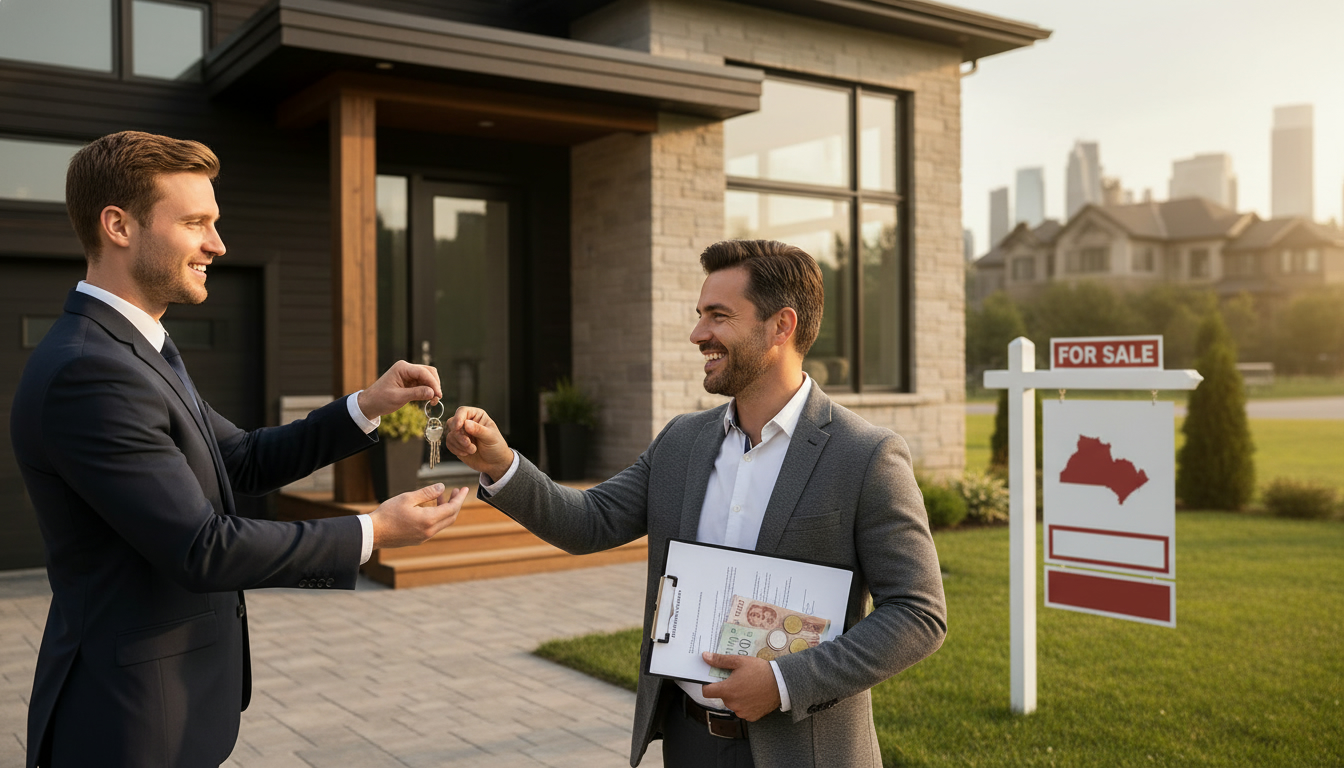 Real estate agent handing keys to seller in front of Ontario home with contract and subtle money visuals