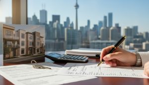 Rental property with tax documents and calculator, Toronto skyline in background