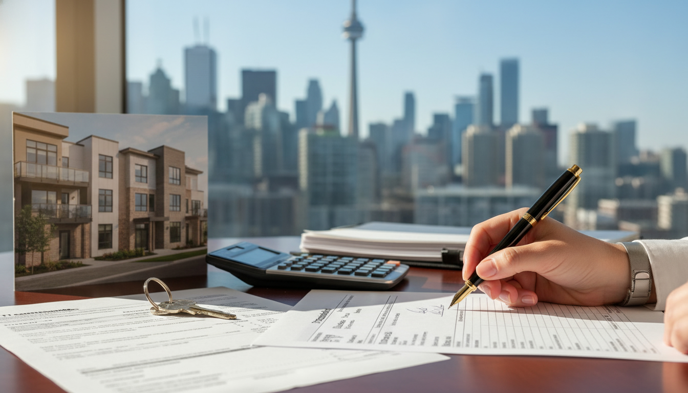 Rental property with tax documents and calculator, Toronto skyline in background