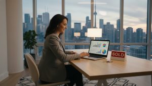 Realtor analyzing market charts with Toronto skyline, house keys, and a sold sign on the table.