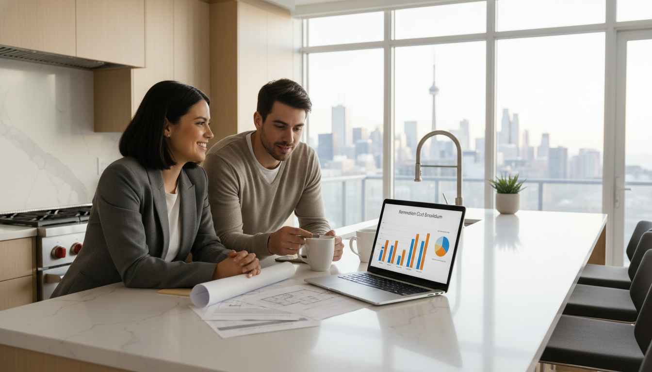 Realtor showing renovation cost estimates and blueprints to a couple in a modern kitchen