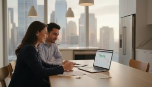 Realtor and couple reviewing closing documents at a kitchen table with 'Closing' calendar on laptop.