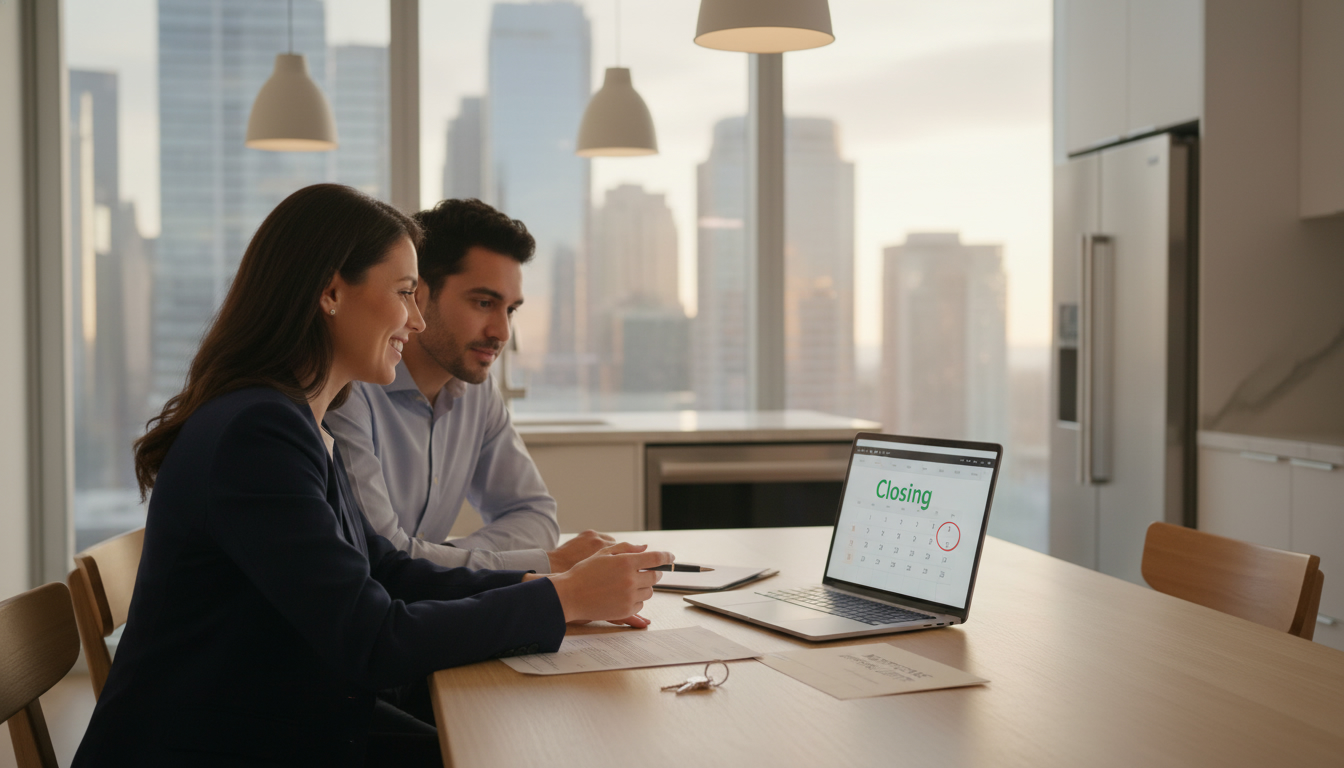 Realtor and couple reviewing closing documents at a kitchen table with 'Closing' calendar on laptop.