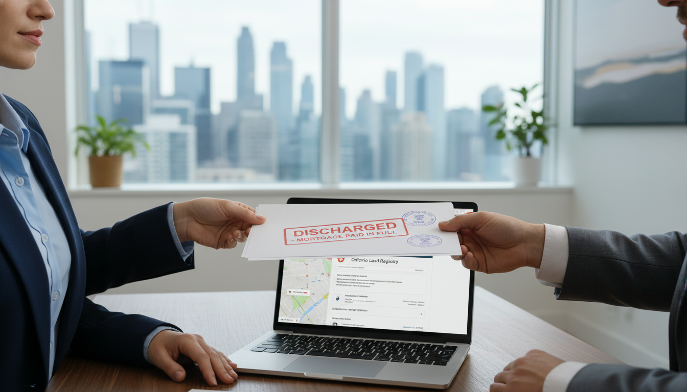 Realtor handing mortgage discharge documents to client with 'DISCHARGED' stamp, laptop and Toronto skyline in background.
