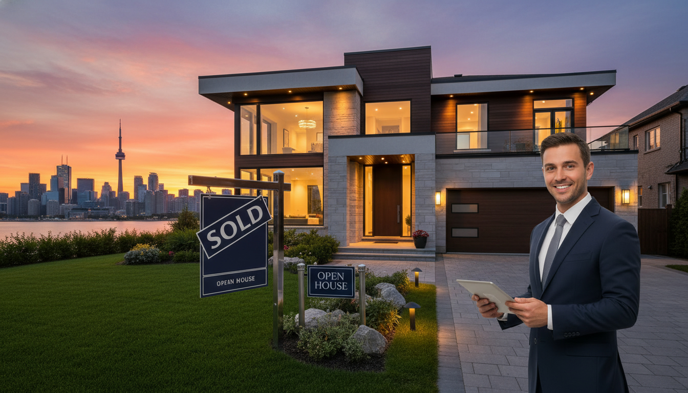Photorealistic Toronto house with sold sign and agent, skyline background