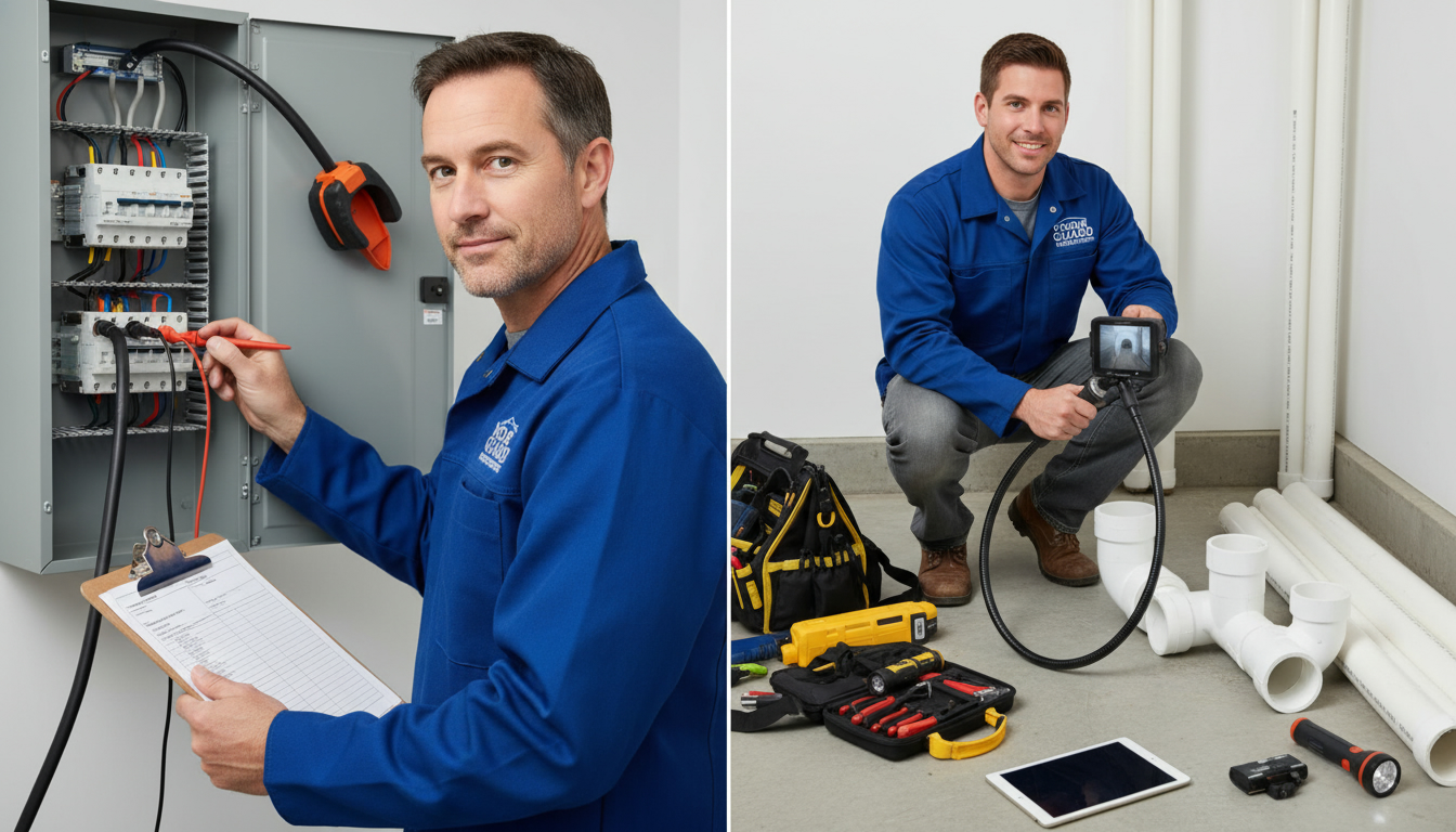Inspector performing electrical and plumbing inspections with multimeter and sewer camera, clipboard with report visible