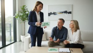 Real estate agent reviewing a repair checklist with homeowners in a modern living room.