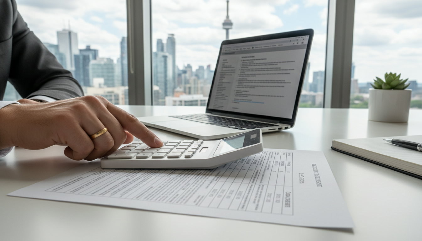 Realtor and client reviewing closing documents and settlement statement at a desk with calculator