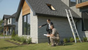 Home inspector and real estate agent examining house foundation and roof with clipboard and blueprint