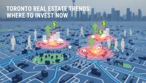 Map showing high-demand neighbourhoods with transit, schools, and rising price arrows