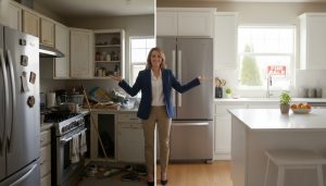 Staged kitchen showing old appliances on one side and modern stainless-steel appliances on the other, realtor pointing