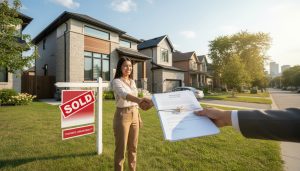 Realtor handing contract to buyer in front of a sold house with a sign