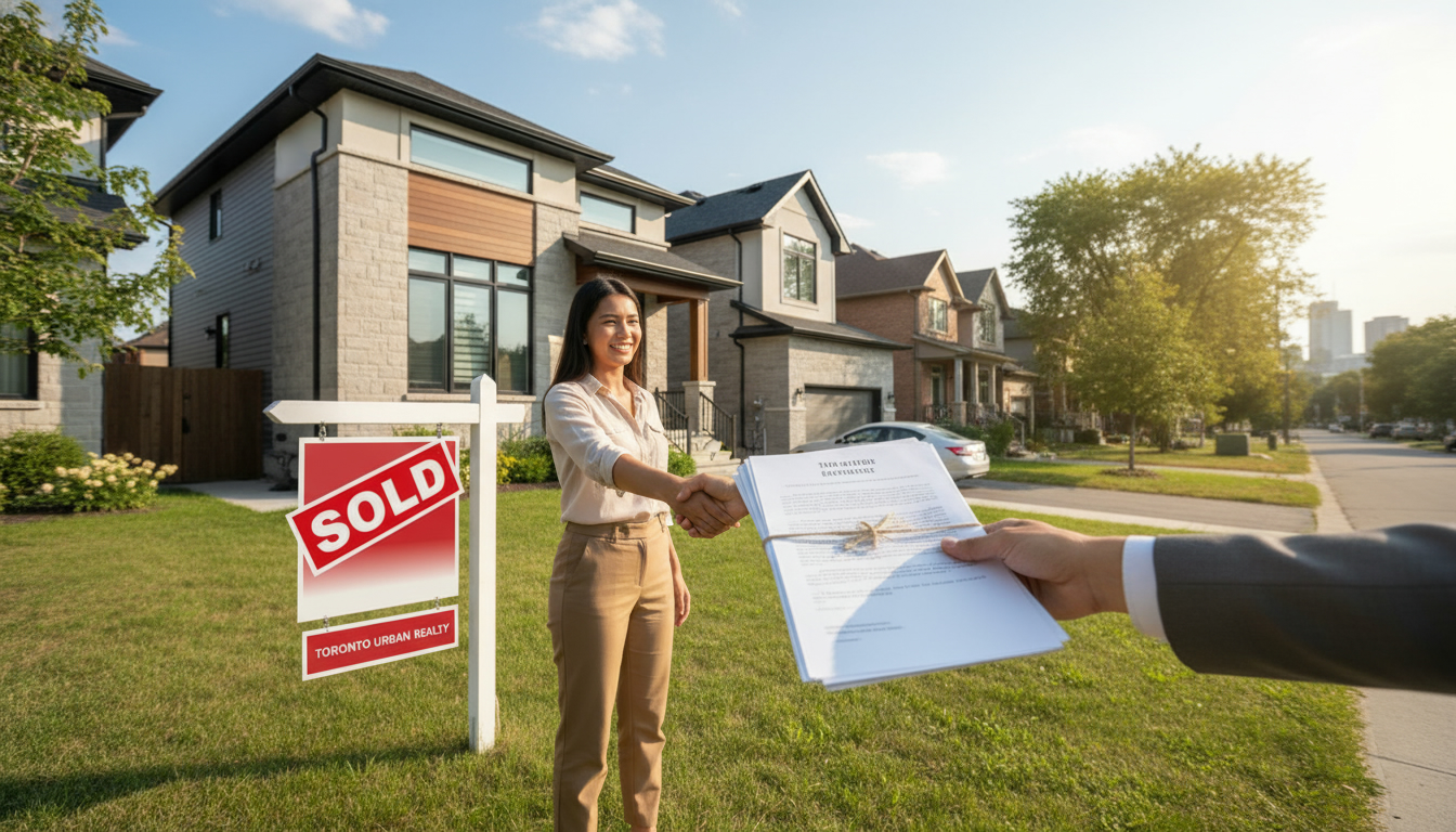 Realtor handing contract to buyer in front of a sold house with a sign