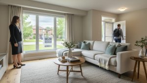 Staged living room during a home showing with realtor and 'For Sale' sign visible outside.