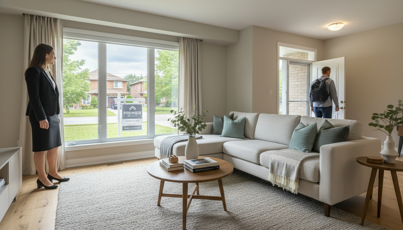 Staged living room during a home showing with realtor and 'For Sale' sign visible outside.