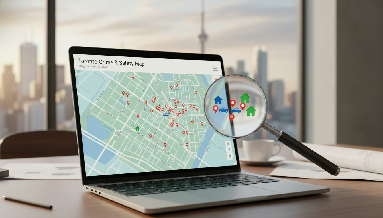 Laptop showing neighborhood crime map with magnifying glass highlighting data points and house icons.