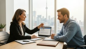 Real estate lawyer handing keys to buyer across desk with closing documents and laptop