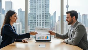 Realtor handing Status Certificate document to buyer with condo building in background