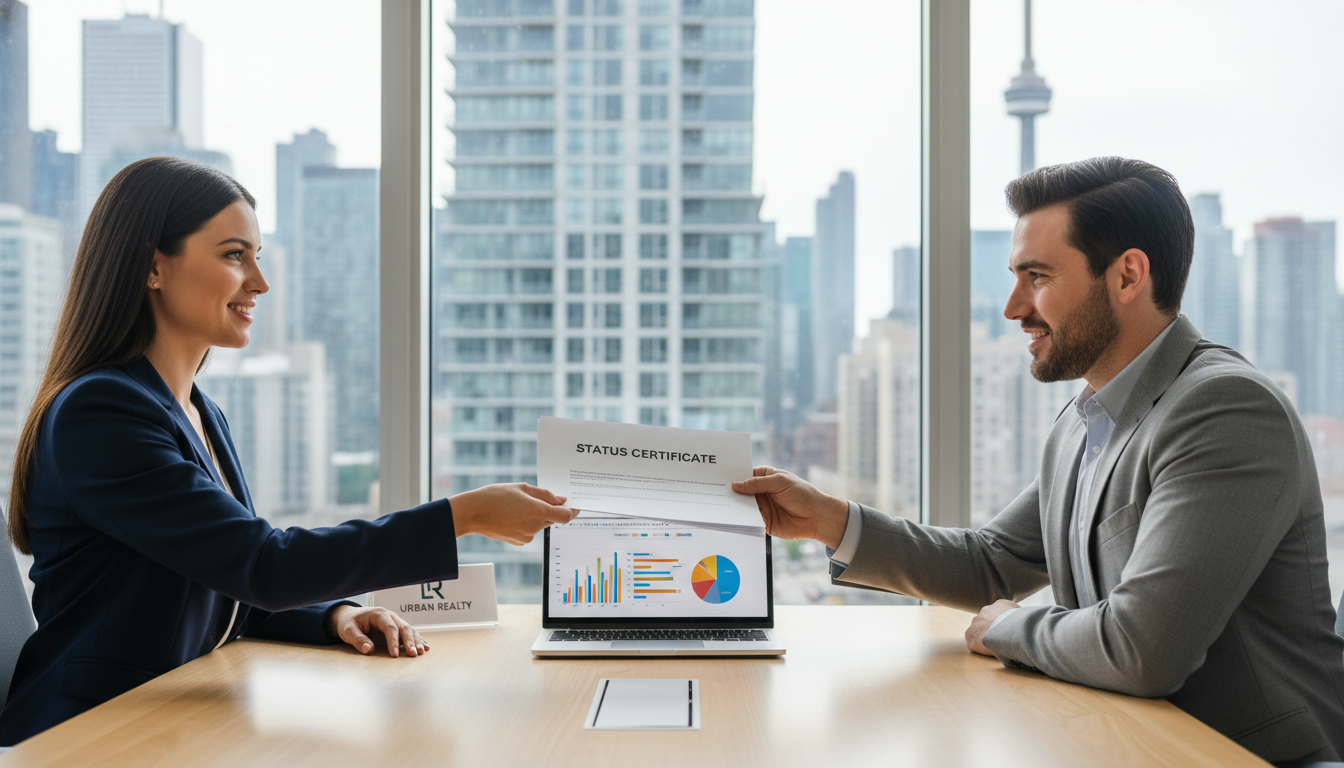 Realtor handing Status Certificate document to buyer with condo building in background