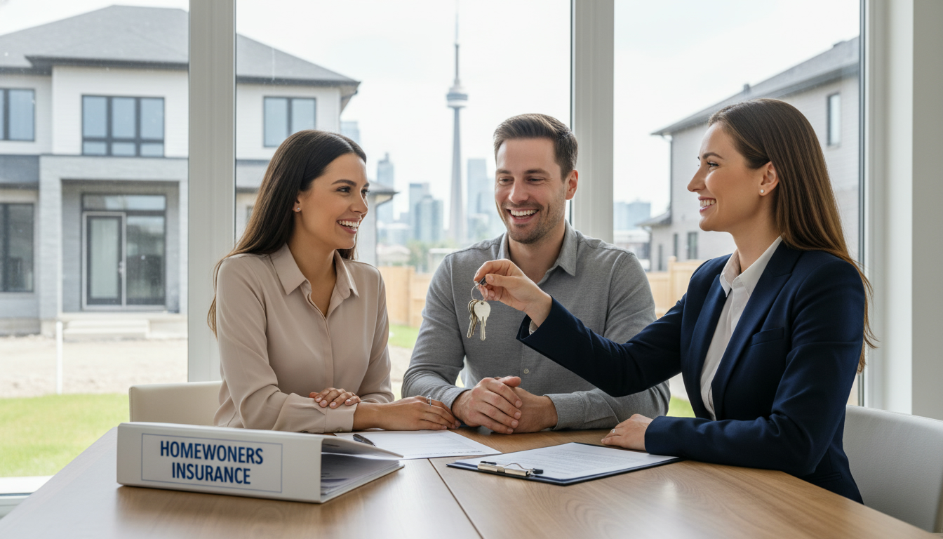 Realtor handing house keys to new homeowners with insurance documents on table