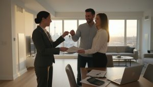 Real estate agent presenting closing documents and keys to a couple in a modern Ontario home with calculator and laptop on the table.