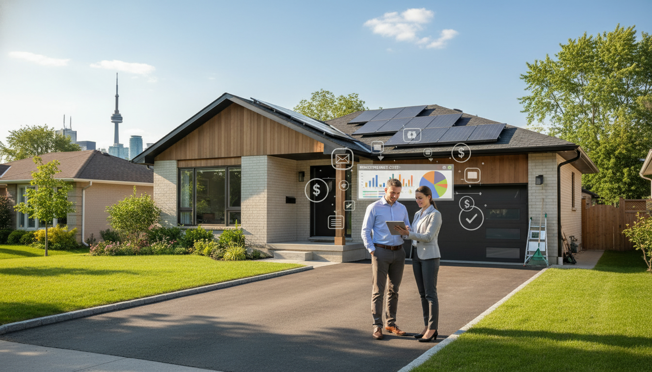 Homeowner and realtor reviewing maintenance cost estimates in front of a detached suburban house.
