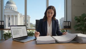 Realtor reviewing property title documents and land registry search results on a laptop in an office