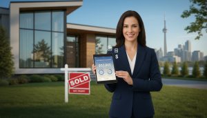 Realtor with tablet showing net proceeds calculator in front of a sold modern house with Toronto skyline in background