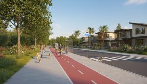 Tree-lined multi-use walking and biking path next to suburban homes with people walking and cycling.