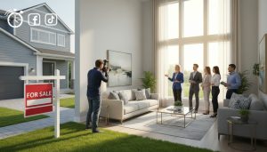 Realtor hosting an active open house with multiple buyers viewing a staged modern home to attract multiple offers quickly.