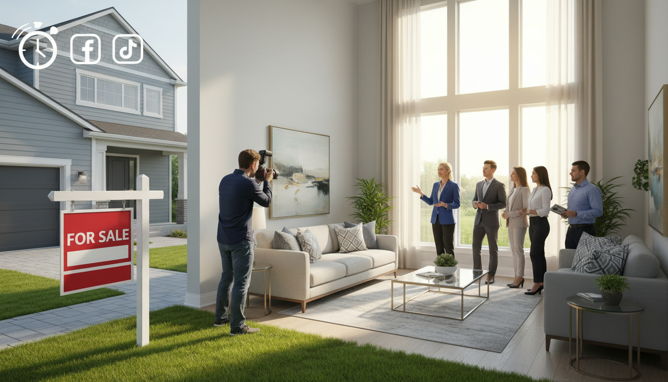 Realtor hosting an active open house with multiple buyers viewing a staged modern home to attract multiple offers quickly.