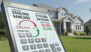 Suburban house with mortgage calculator and arrows indicating rising interest rates