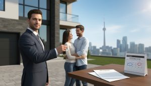 Real estate agent handing keys to a couple with mortgage and lien documents on a table and a calendar showing closing dates