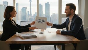 Realtor handing an Owner Handover Pack with manuals and warranties to buyers at closing table.
