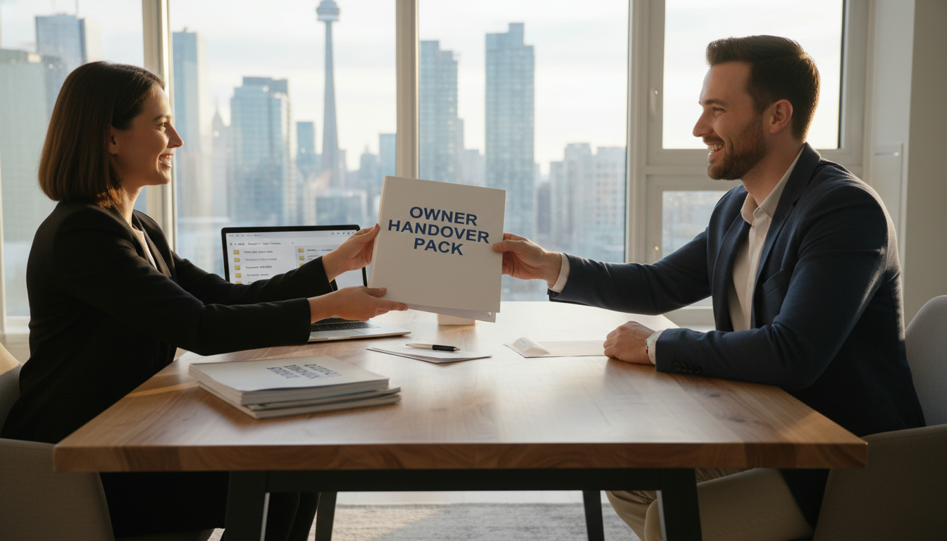 Realtor handing an Owner Handover Pack with manuals and warranties to buyers at closing table.