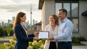 Real estate agent handing signed offer to happy sellers in front of a house