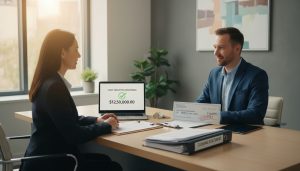 Lawyer and realtor completing real estate closing with wire transfer confirmation and certified cheque on desk