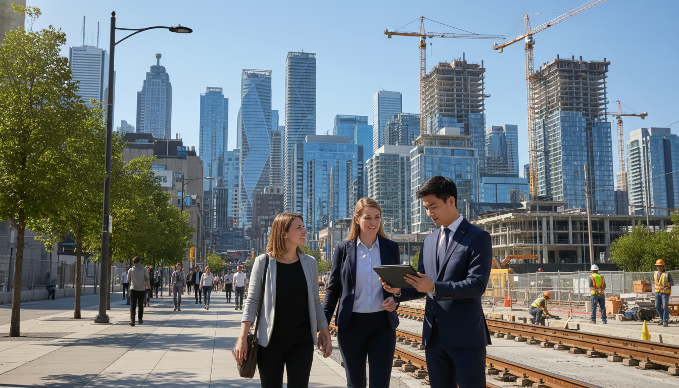 Real estate agent reviews infrastructure plans near light rail construction and new mid-rise buildings in a Toronto-like skyline.