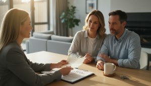 Buyer handing a personal offer letter and documents to home sellers at a kitchen table