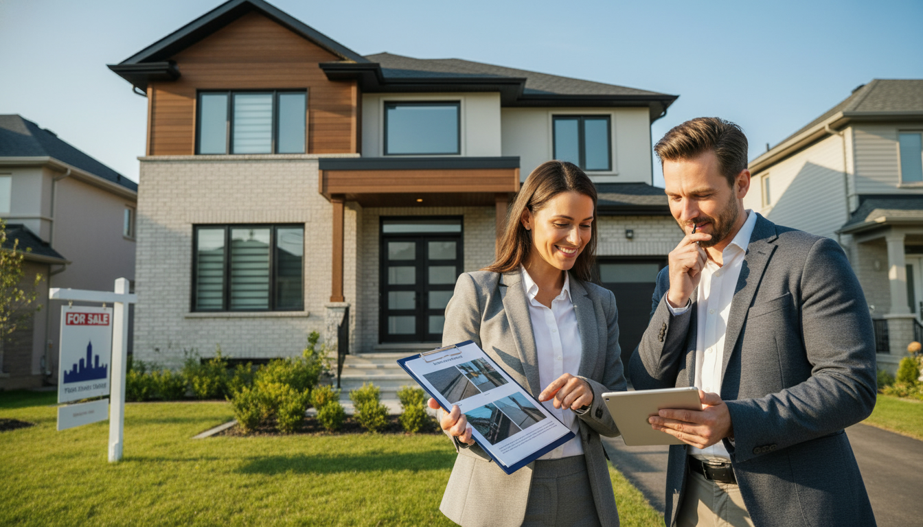 Realtor and homeowner reviewing a home inspection report outside a modern suburban house