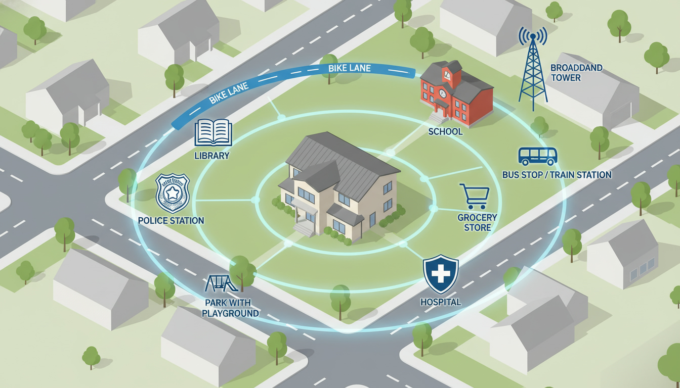 Illustrated aerial view of a neighborhood with icons marking schools, transit, grocery, hospital, park, police, library, and bike lanes.